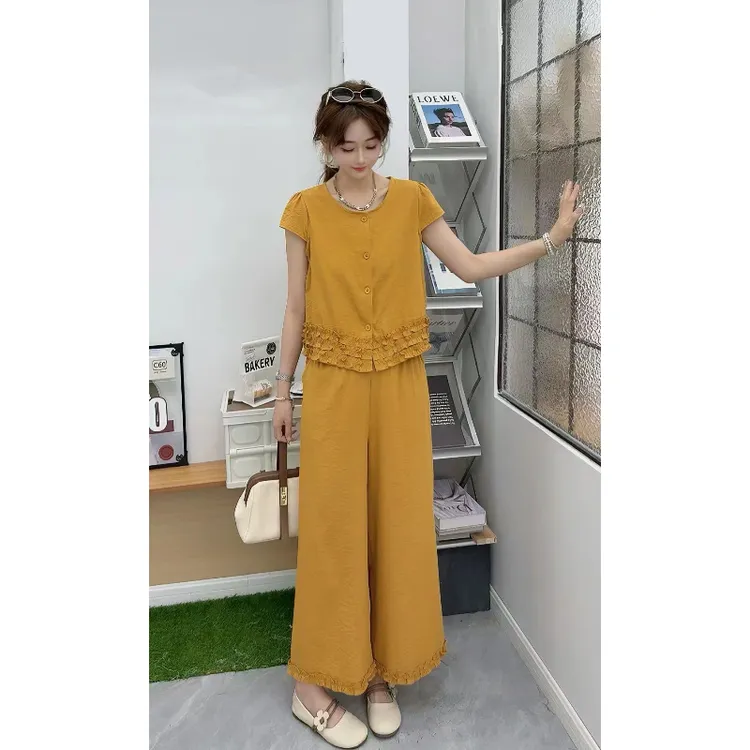 Y22933-时尚套装女设计感小众木耳边马甲上衣高腰阔腿裤两件套