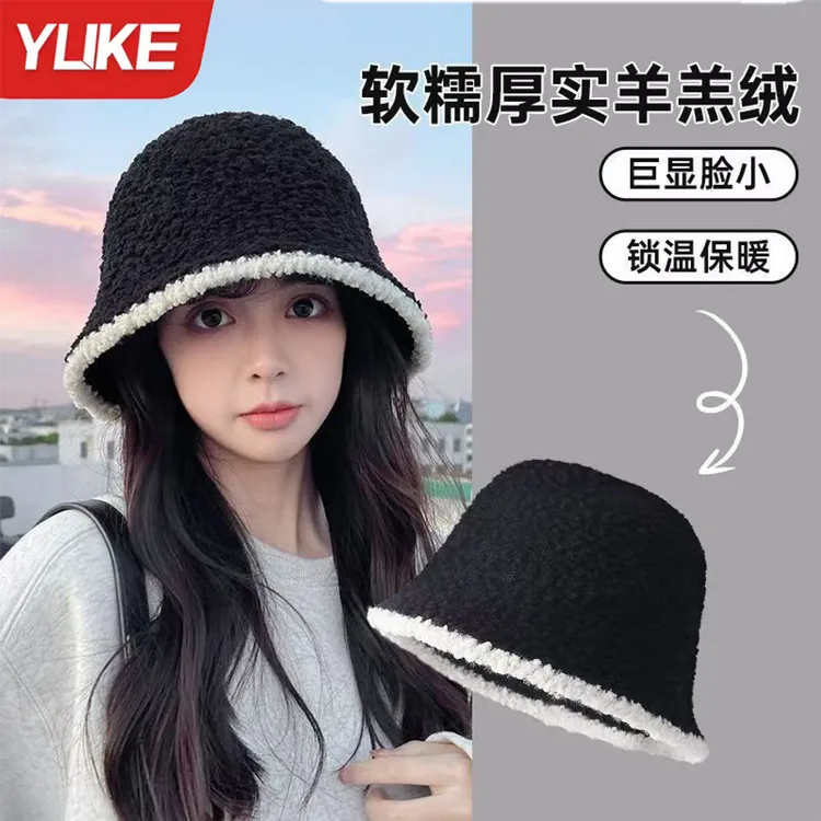 小香风秋冬季大头围渔夫帽保暖水桶针织遮脸毛绒盆帽显脸小百搭款