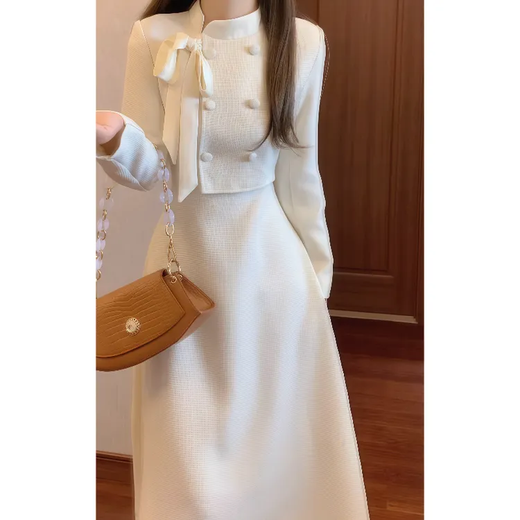 法式温柔超好看假两件圣诞蝴蝶结小香风连衣裙收腰气质长裙9824