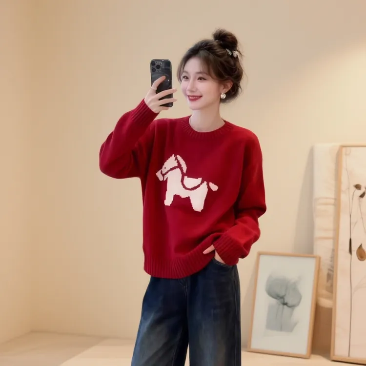 商场同款秋冬新款时尚百搭红色小马提花宽松圆领长袖针织衫毛衣女