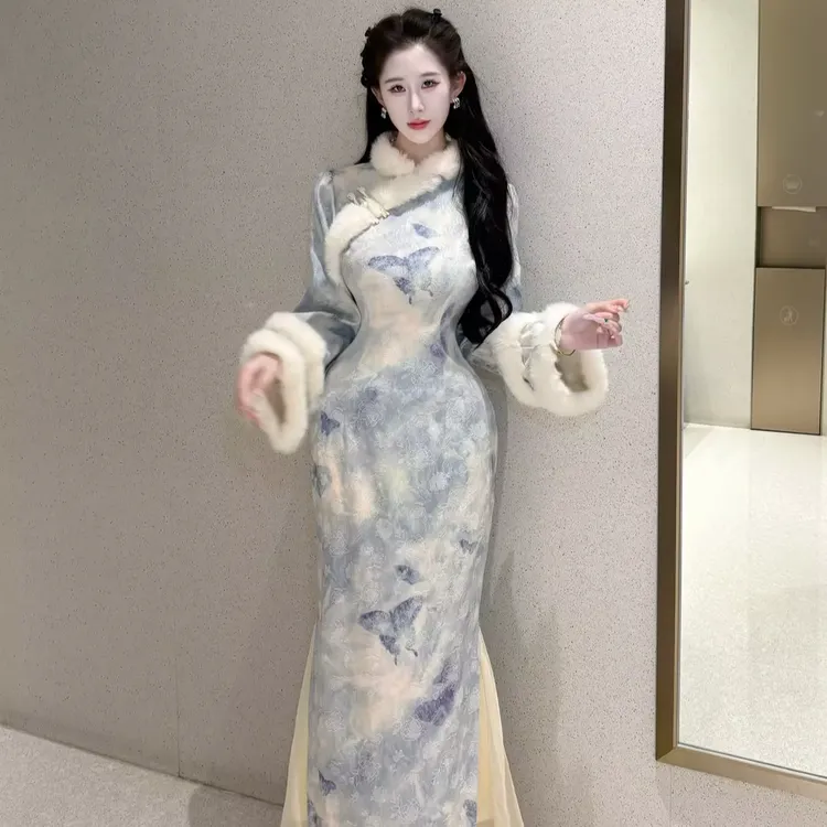 LHMknk1画报夫人原创自制厚款金线蕾丝温柔兔毛旗袍 蓝芬蝴蝶加绒