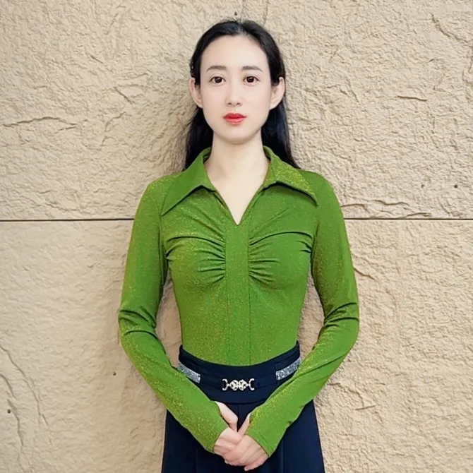 欢舞阁吉特巴摩登舞蹈服广场舞气质时尚朱光翻领长袖女舞衣A0797