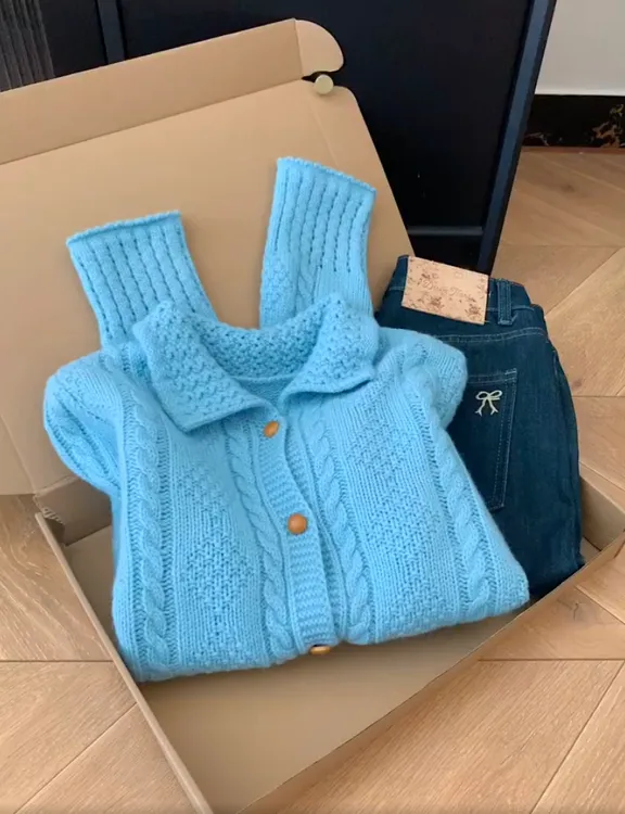 韩系洋气休闲百搭时尚翻领针织衫秋冬季纽扣毛衣polo领外套ins