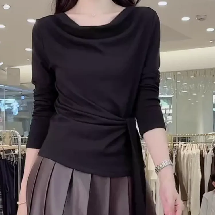 【烟雨绵绵】2025秋季新款修身系带T恤上衣C5835