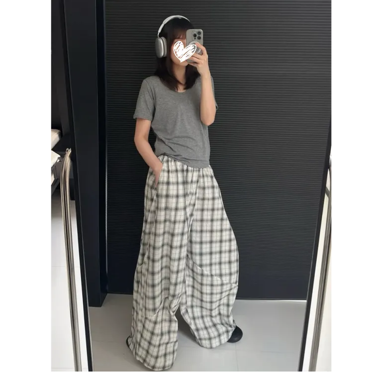 夏季薄款宽松阔腿裤格子休闲裤女高腰直筒长裤垂感拖地裤子复古