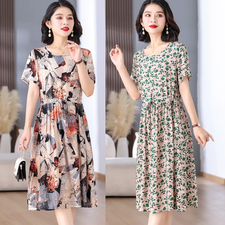 新款棉绸连衣裙女夏季妈妈装遮肚子显瘦碎花裙子中长款外穿短袖