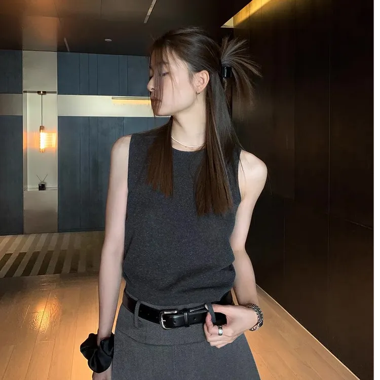 100%莱赛尔天丝无袖背心女圆领显瘦针织外穿针织上衣
