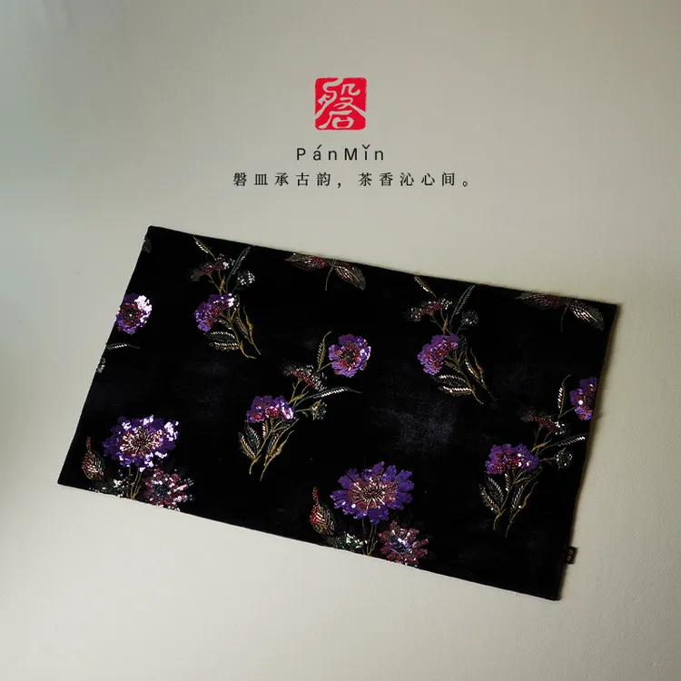 磐皿｜景德镇·熹语·珠绣丝绒大号干泡茶席高档中式复古茶桌布垫