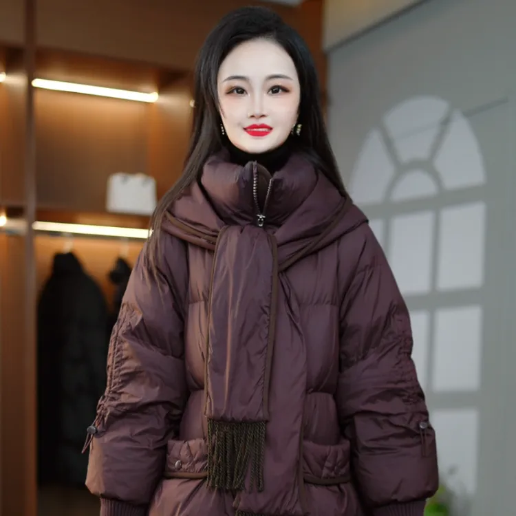 冬季新款优雅时尚百搭气质显瘦减龄带围巾鸭绒羽绒服外套M-XL