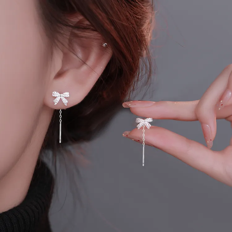 925银耳饰 蝴蝶结耳环精致百搭轻奢长款耳线时尚气质超仙甜美耳饰