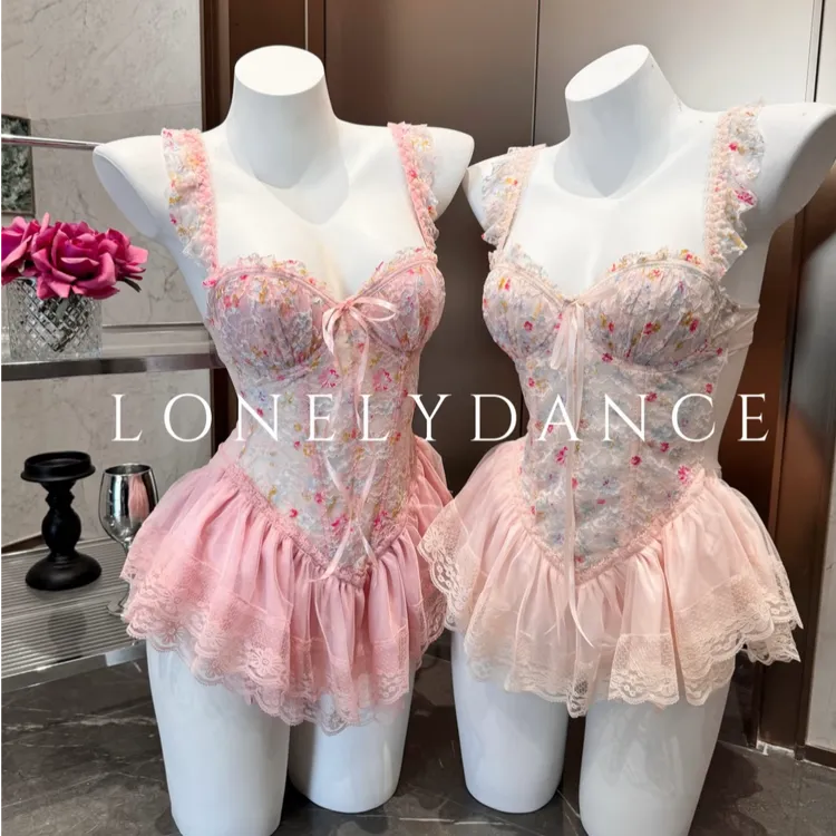 猫什么喵pro·纯欲碎花*印染甜美鱼骨胸衣带胸垫蓬蓬裙贴身连衣裙