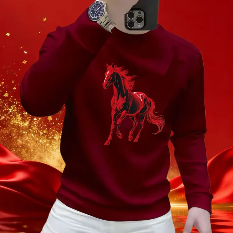 2026马年爆款骏马印花华棉卫衣男士本命年红色高级感长䄂体恤上衣