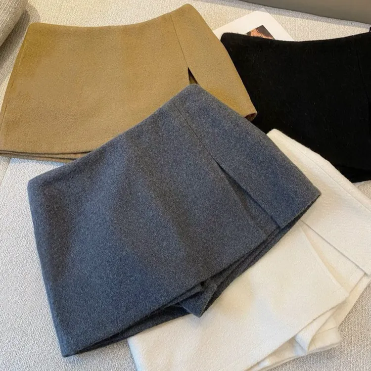 韩系开叉毛呢半身裙女2024秋冬高腰防走光包臀裙a字短裙呢子裤裙