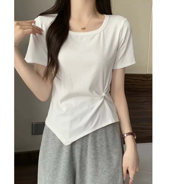 修身显瘦大U领正肩圆领下摆褶皱不规则短袖设计感t恤909#