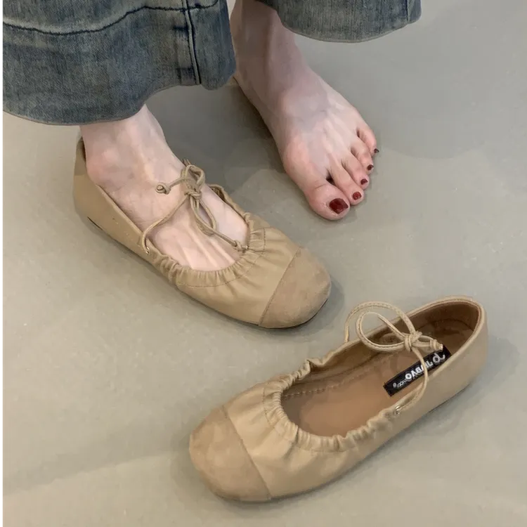 韩菲-JB-T94复古玛丽珍鞋2025春季褶皱拼色圆头浅口平底芭蕾单鞋