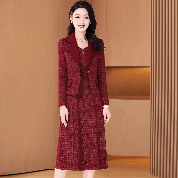 【拉夏】红色结婚喜婆婆婚宴装连衣裙2025新款平时可穿小香风两件套