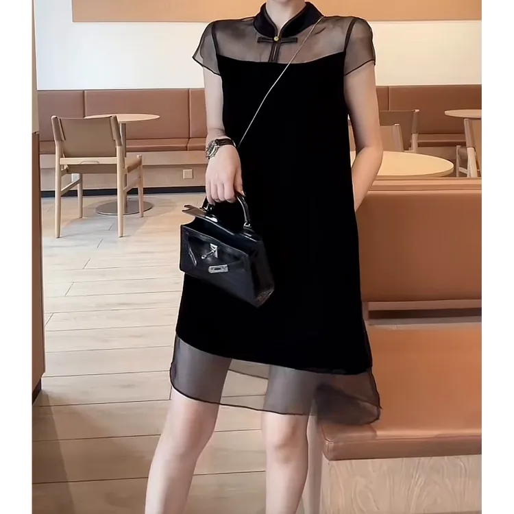 XIAOBAI修身长裙圆领套头连衣裙拼接百搭时尚立领洋气夏季