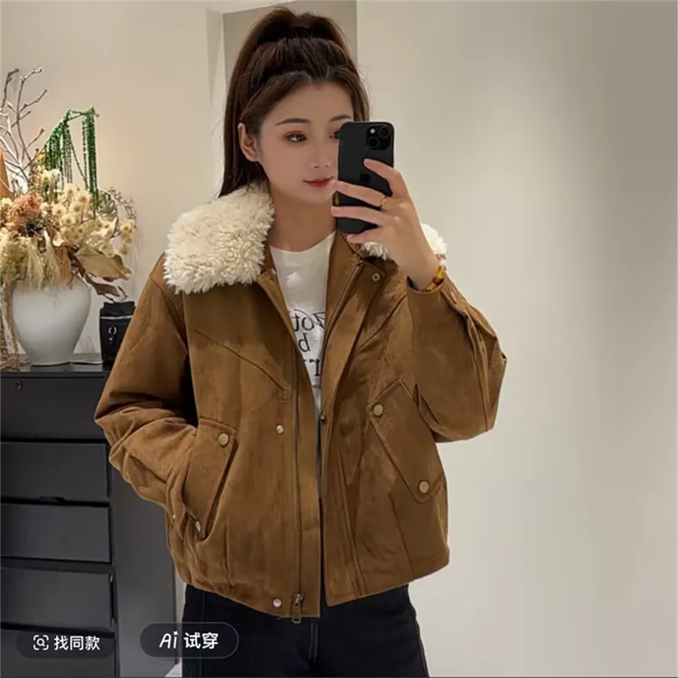 可拆卸毛领加棉加厚麂皮绒外套2025冬新款棉衣小个子保暖夹克潮