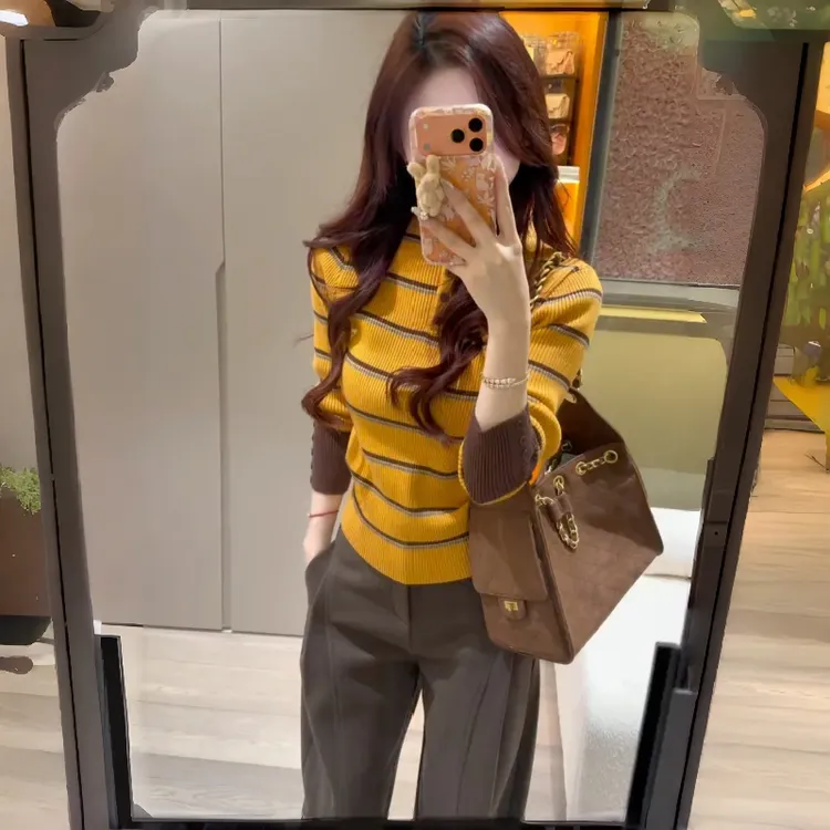 （绵羊绒）条纹撞色纽扣半高领长袖打底针织衫女秋冬季洋气套头毛衣