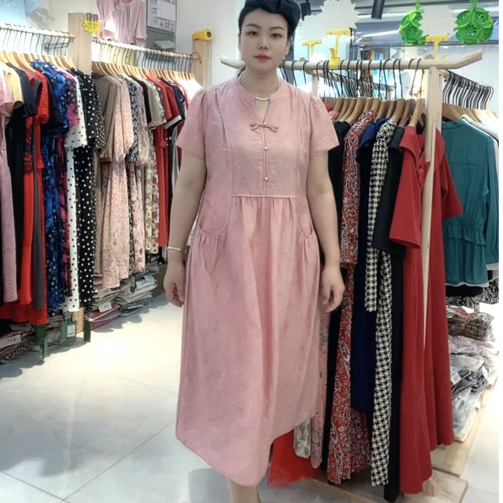 不规则领型中长裙印花夏季连衣裙设计师中式muji风纯色