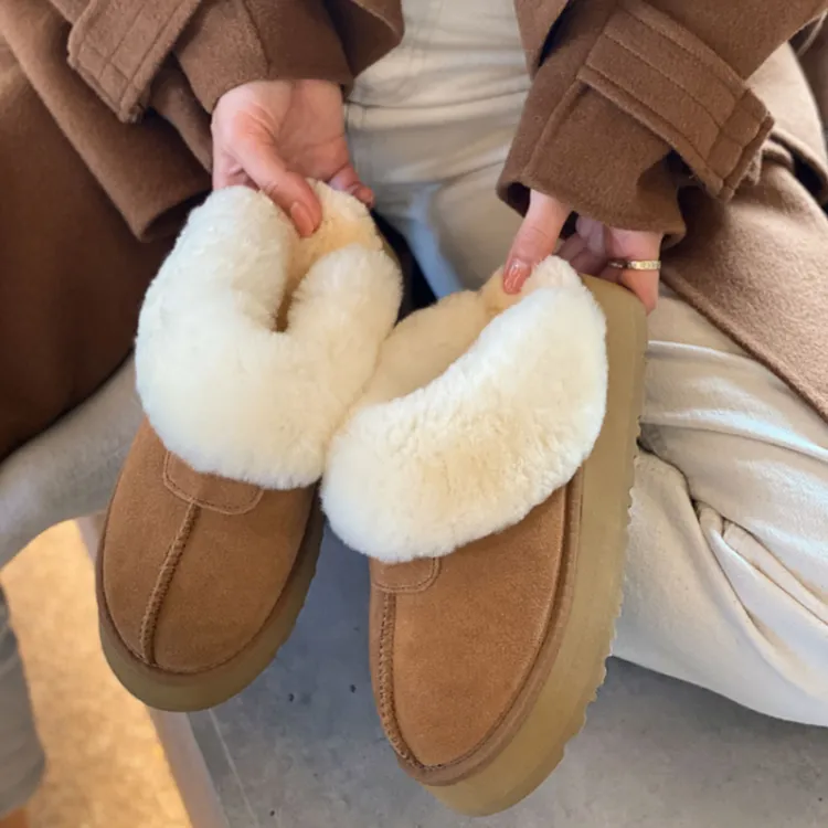 韩版秋冬季女款增高厚㡳皮毛一体包头拖鞋雪地靴牛皮羊毛棉拖厚底