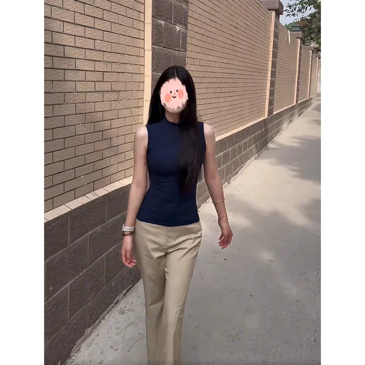 美式辣妹风藏青色无袖半高领背心女夏外穿独特绝美御姐修身小上衣