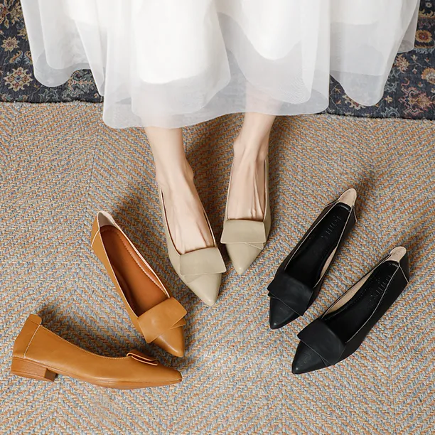 尖头时尚软底百搭单鞋女鞋春秋中跟皮鞋平底鞋子高跟舒适真皮308