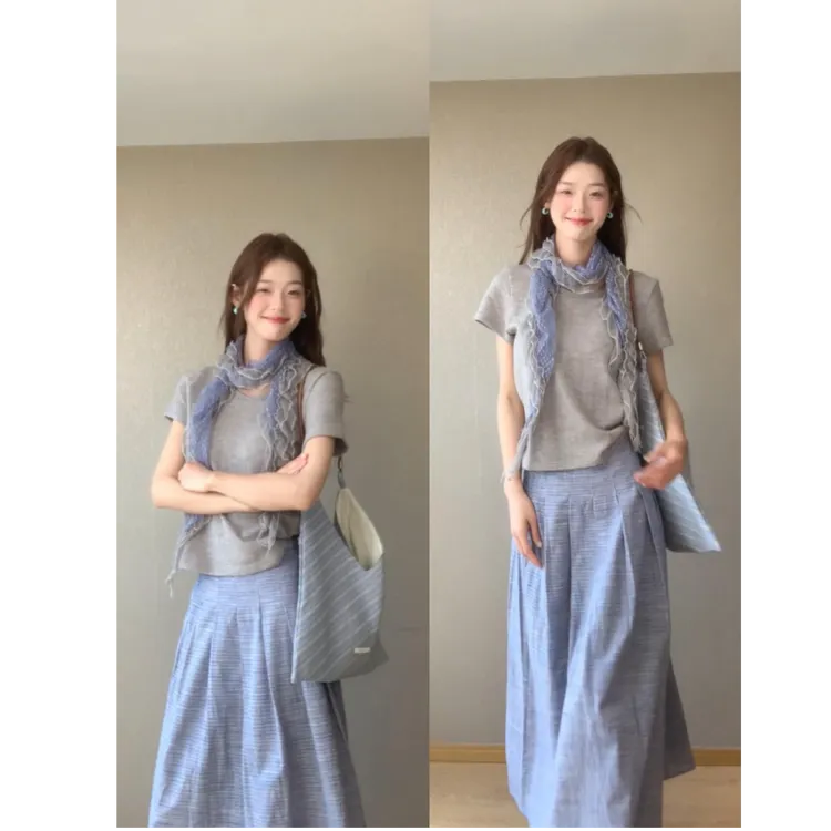 韩系简约小众通勤短袖T恤丝巾上衣女法式高级感洋气衣服长裙套装