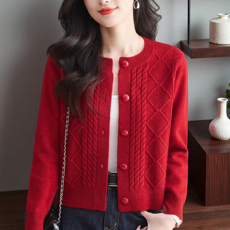 纯100羊绒衫针织衫开衫春秋新款妈妈小个子洋气毛衣女士洋气外套