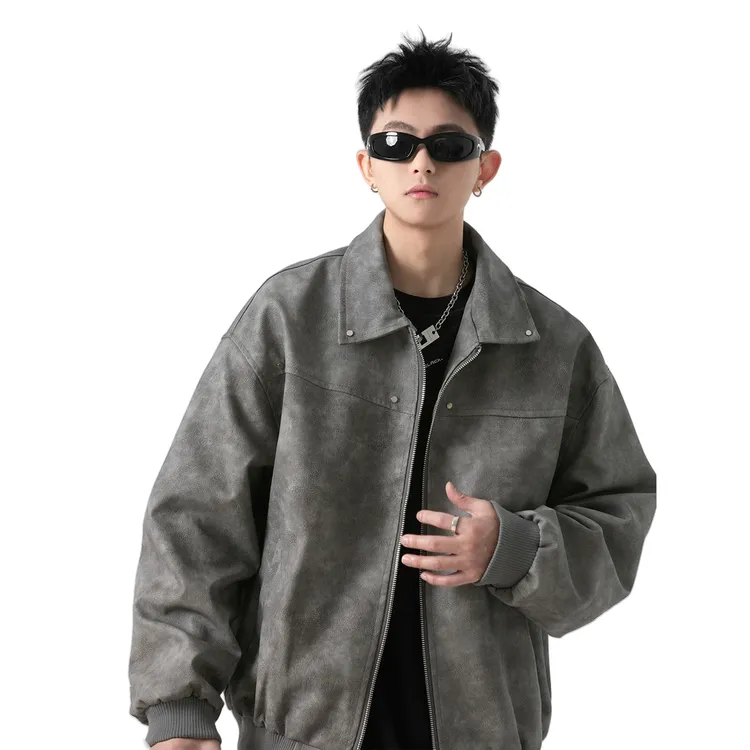 美式PU皮绒休闲夹克男2025春秋cleanfit校园百搭翻领纯色上衣外套