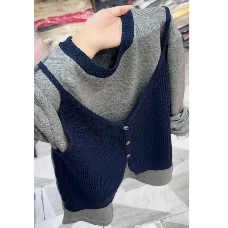 韩版时尚百搭日常针织假两件女2025早秋拼接气质长袖宽松显瘦上衣