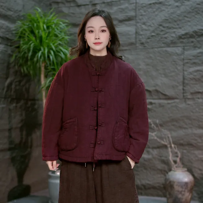 【亚麻复古炒色棉衣盘扣】冬款加厚百搭棉服保暖棉袄外套妈妈装