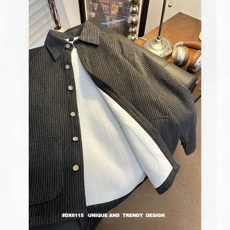 秋冬加绒保暖毛呢外套男士休闲加厚夹克中性长袖衬衫条纹呢子外套