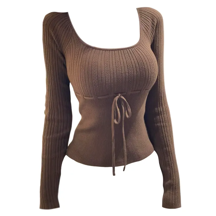 大码胖MM韩系氛围感方领长袖针织衫女蝴蝶结收腰修身显瘦打底上衣