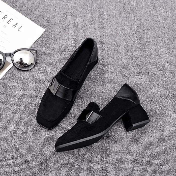 断码清仓真软皮磨砂单鞋女粗新款韩版百搭乐福鞋软底不累脚工作鞋