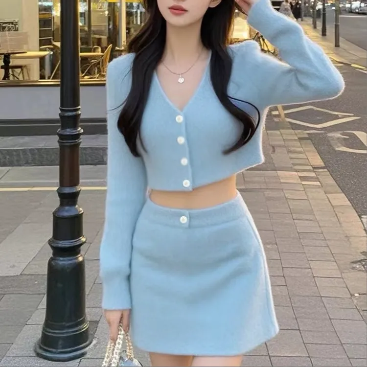 高腰单排扣上衣修身显瘦时尚包臀裙蓝色秋季新款短款小香风两件套
