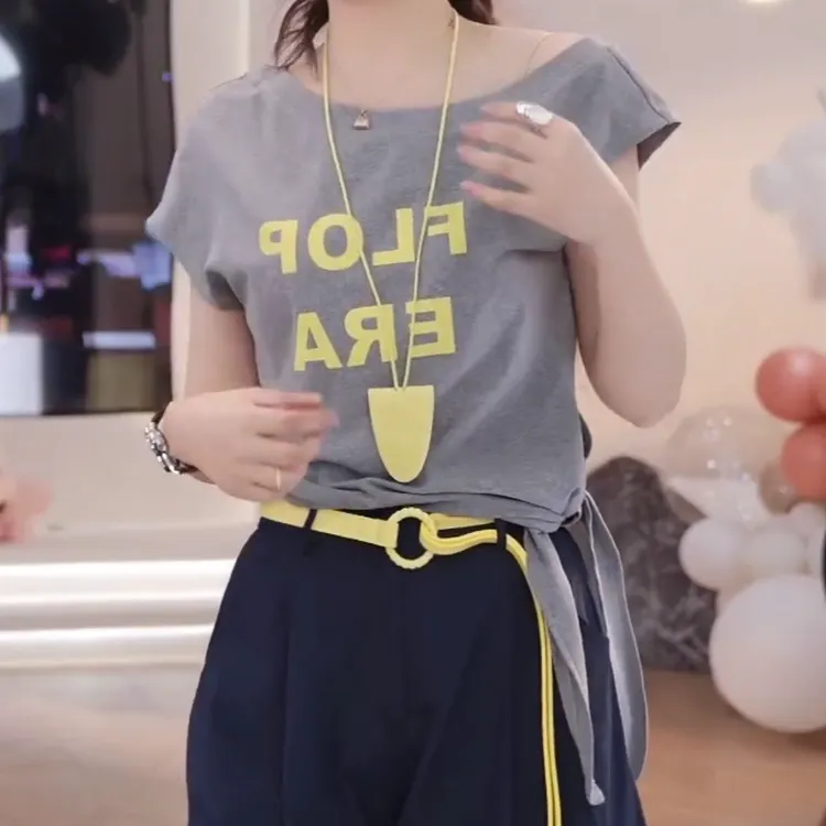 夏季韩版宽松字母斜肩绑带短袖T恤女2025年夏季新款薄款上衣时尚