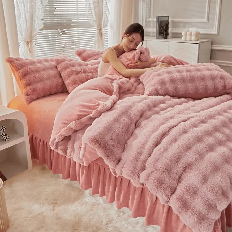 24冬季加厚爆款双面绒四件套兔兔绒泡泡松弛感床裙款牛奶绒四件套