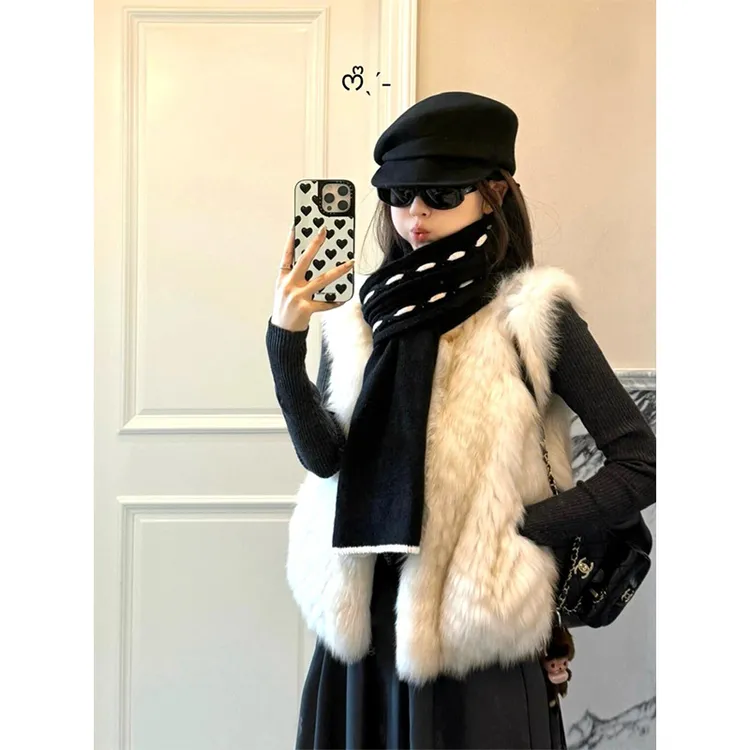 parkyeon秋冬新款千金风毛绒马甲叠穿针织衫上衣女高腰半身裙套装