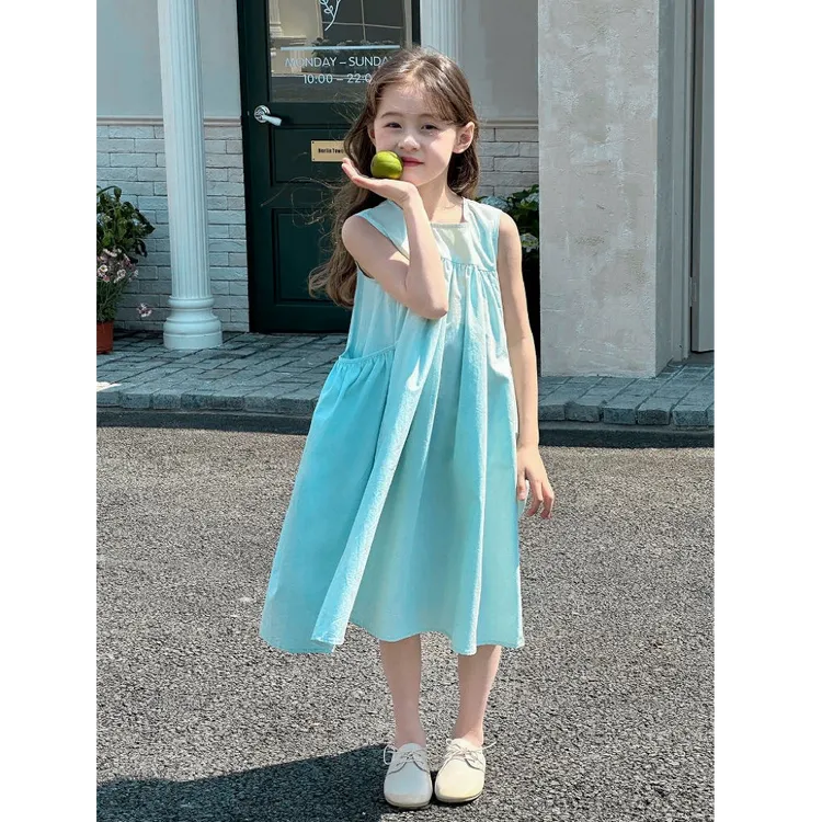 小惜亦女童中大童2025夏季新款韩版小清新薄荷绿背心裙夏日连衣裙