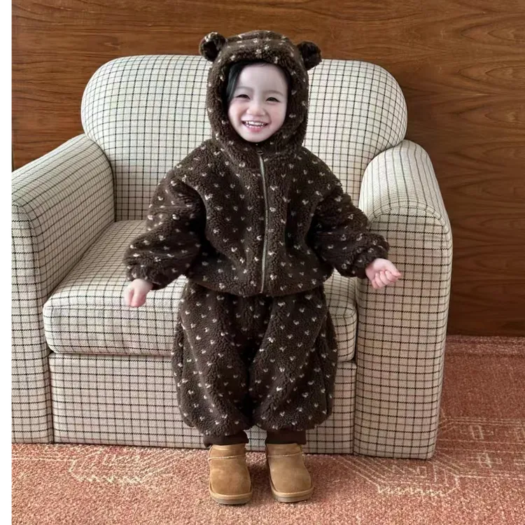 儿童超厚实提花羊羔毛连帽外套冬装新款宝宝满天星保暖棉衣灯笼裤