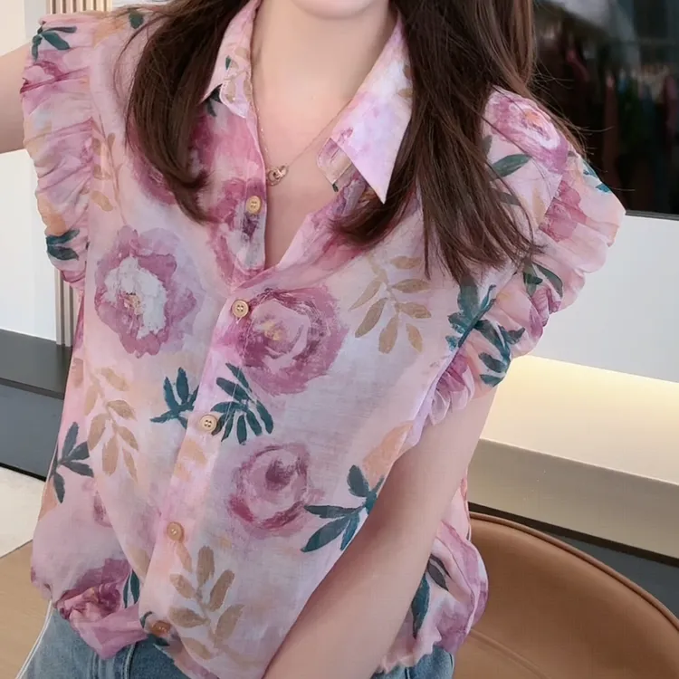 洋气设计感碎花衬衫小众短袖衬衣女2025年夏季新款休闲宽松衬衣