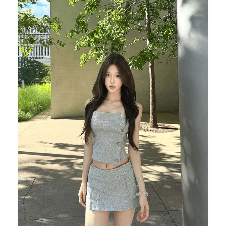 女生韩系ins衣服夏季新款运动酷感收腰抹胸上衣立体口袋半裙套装