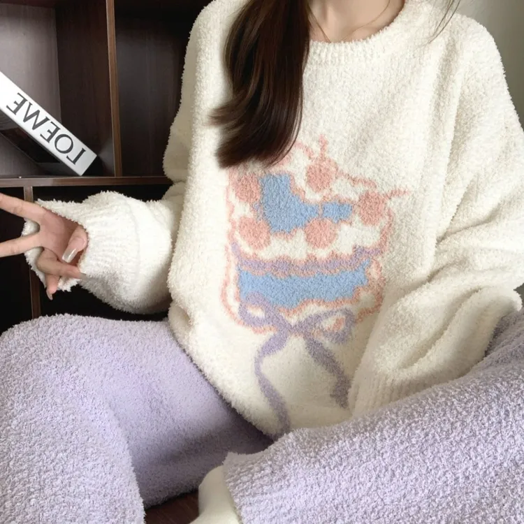 芯语婷秋冬季新款甜美冰淇淋半边绒卡通甜美女士家居服套装可外穿