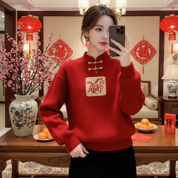 新中式立领中国风毛衣女秋冬新款新年红色宽松小众百搭针织上衣女