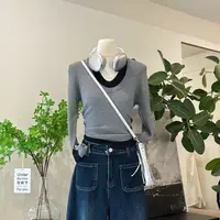 【软拥时光】简约风高级感撞色修身显瘦假两件上衣-3132
