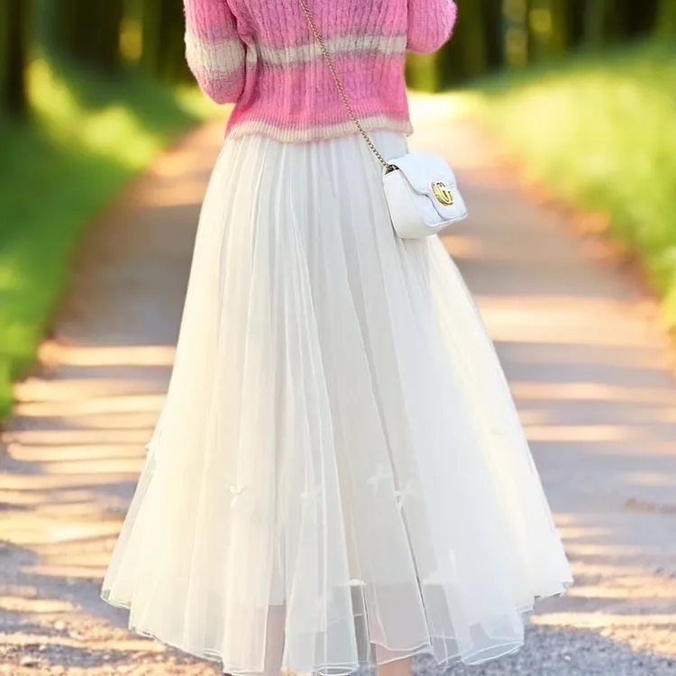 秋天款网纱裙内胆两面穿奶杏半身纱裙显瘦时尚高腰裙A字中长款