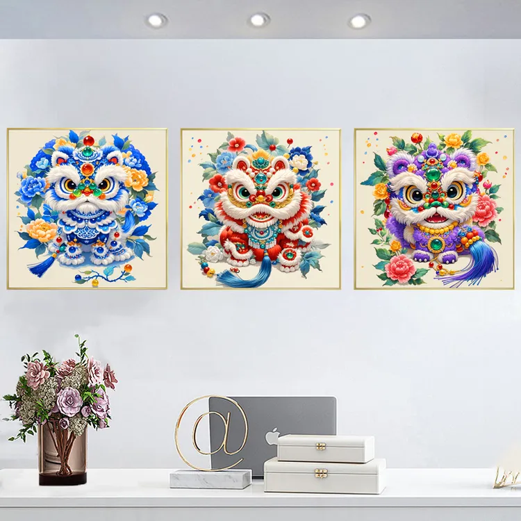 美初十字绣福祥醒狮简单小狮子画抱枕图线绣爆款非满绣