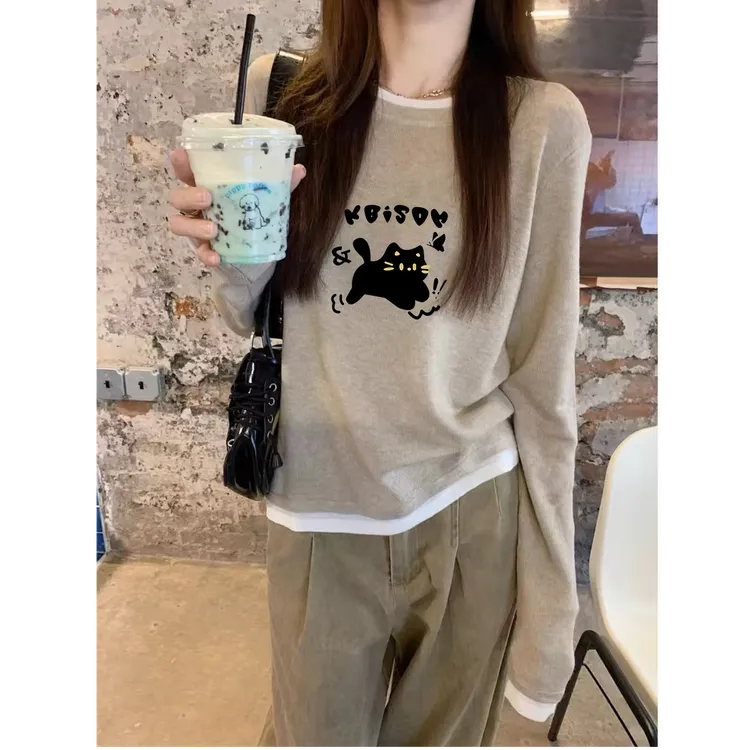 女秋冬季内搭慵懒松弛感外穿打底长袖t恤上衣假两件圆领磨毛加厚