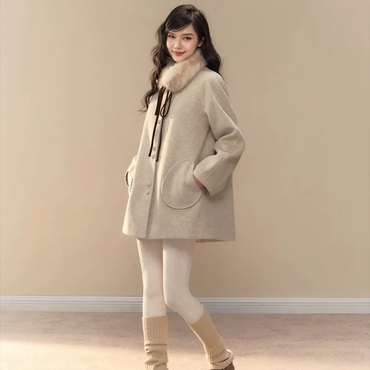 日系奶茶色甜美蝴蝶结毛领毛呢外套女冬季新款中长款宽松百搭上衣